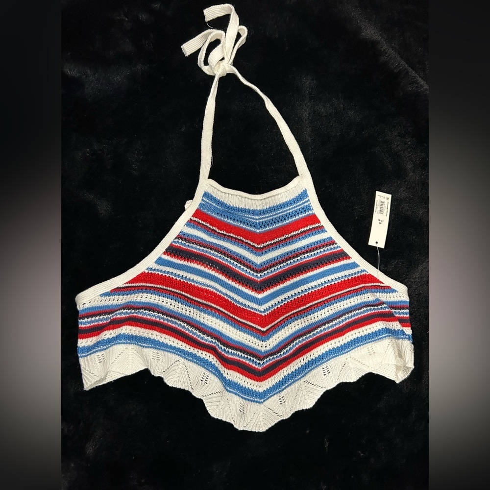 No Boundaries Crochet Knit Halter Top Red White Blue Striped Festival Tank Sz M